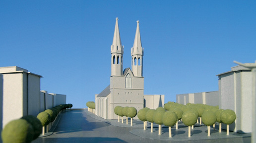 Die beiden Punkthochhäuser flankieren harmonisch die Doppeltürme der Kirche